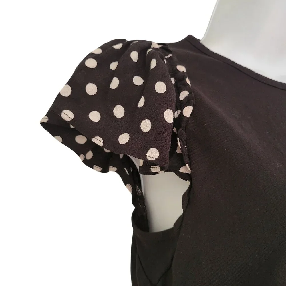 Kate Spade Black Top Ruffle Sleeves XS Blouse‎ LIA Dot Mixed Media Dark Academia